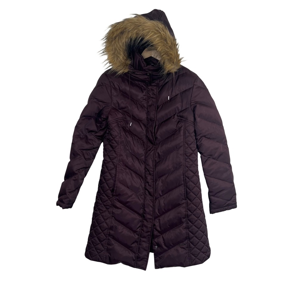 REACTION Kenneth Cole Womens‎ Puffer Coat Jacket Burgundy Faux Fur Hood Medium